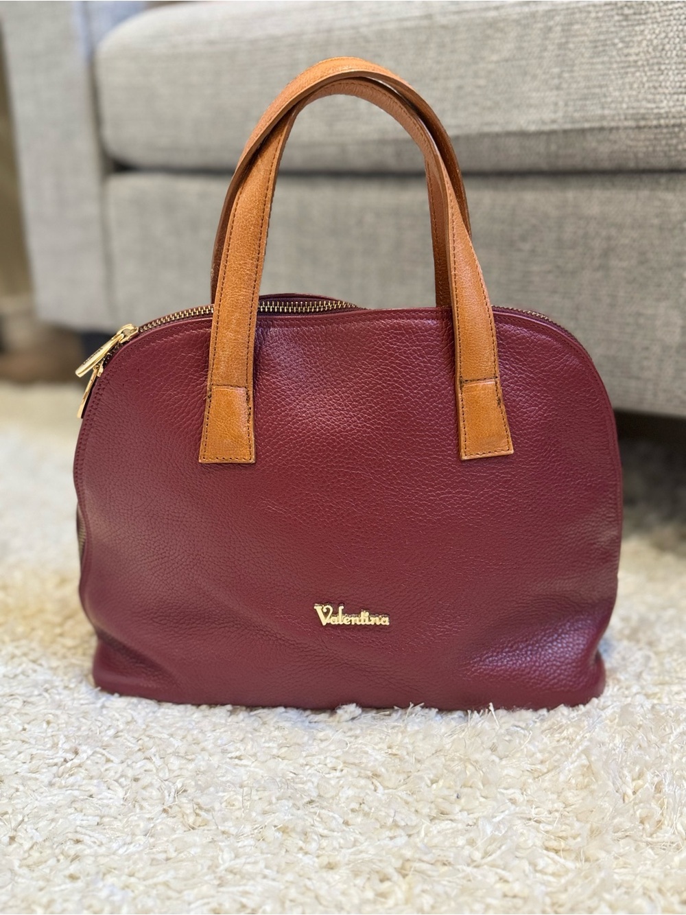 Valentina Burgundy Brown Pebbled Leather Dome Satchel Bag